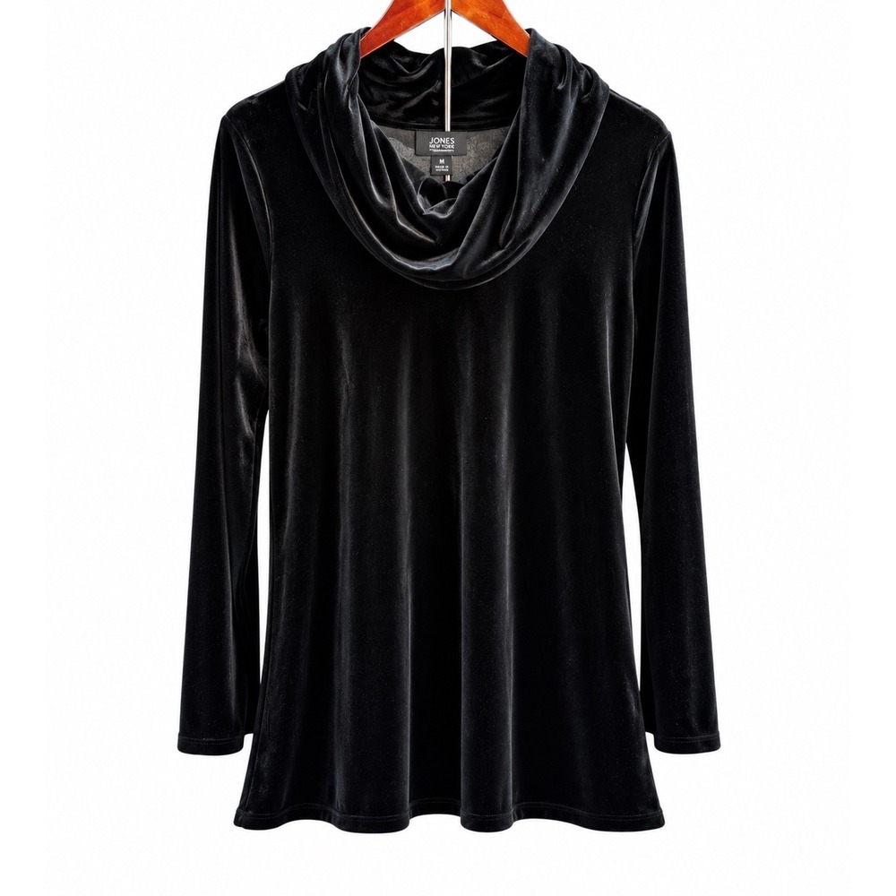 Jones New York Women M Black Velvet Cowl Neck Tunic Long Sleeve Holiday Top